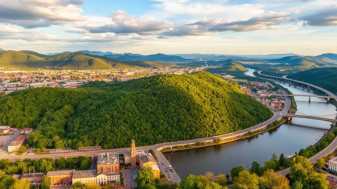 Aerial view of Huntington, West Virginia along the Ohio River