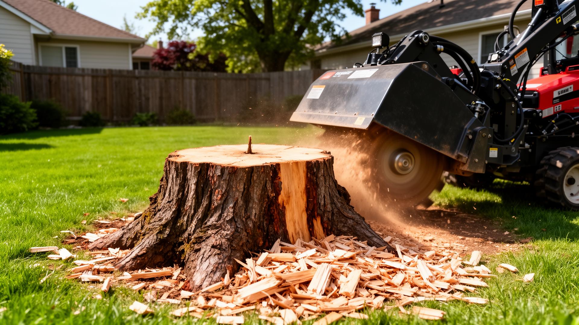 Stump grinder actively removing a tree stump in a residential backyard